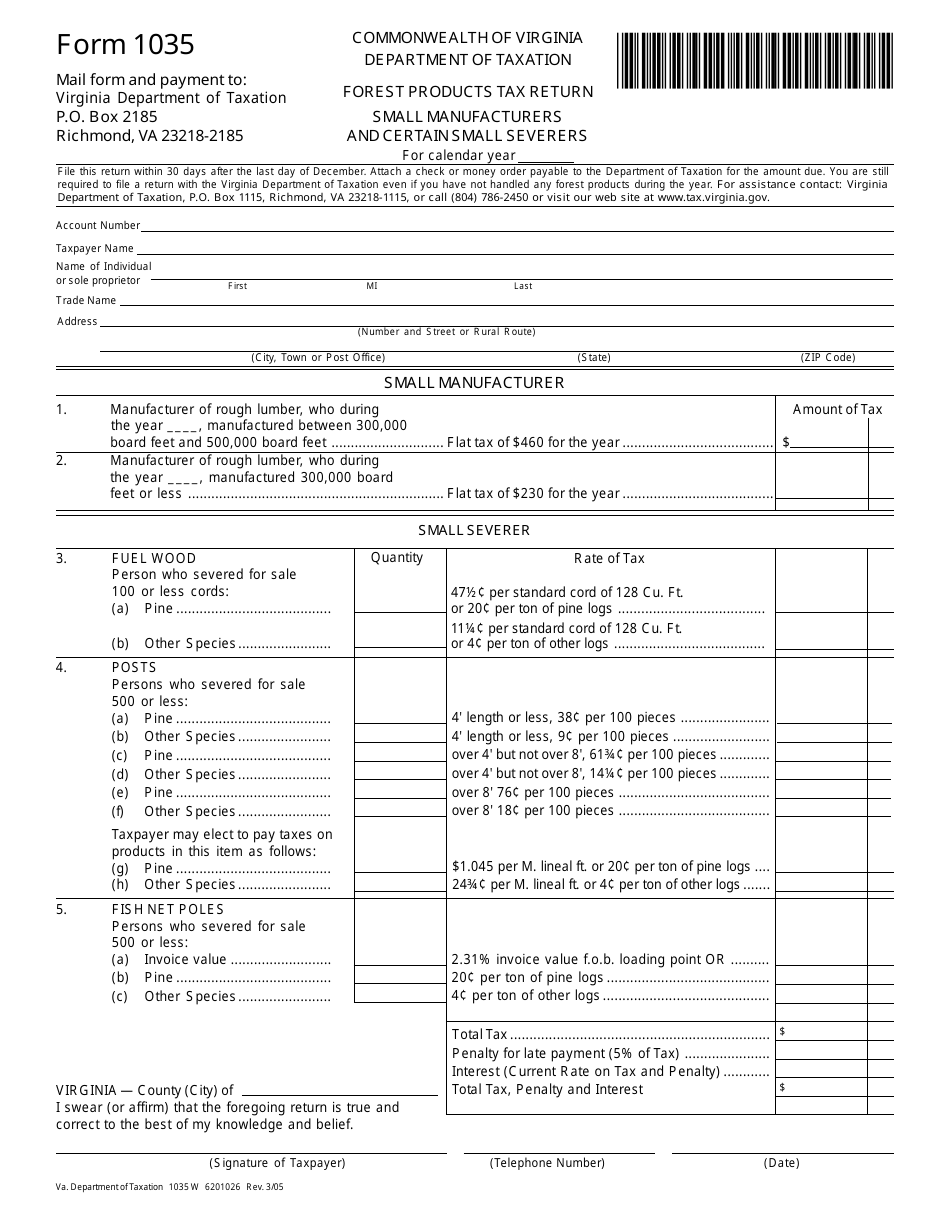 Form 1035 Forest Product Tax Return - Small Manufacturers - Virginia, Page 1