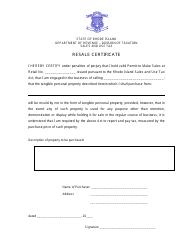 Document preview: Resale Certificate - Rhode Island