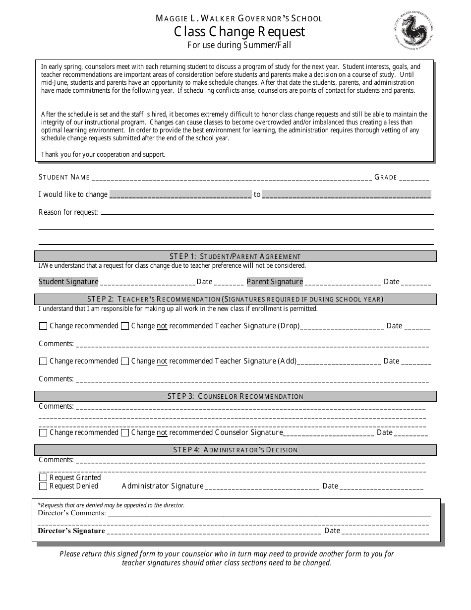 Class Change Request Form - Maggie L. Walker Governors School, Page 1