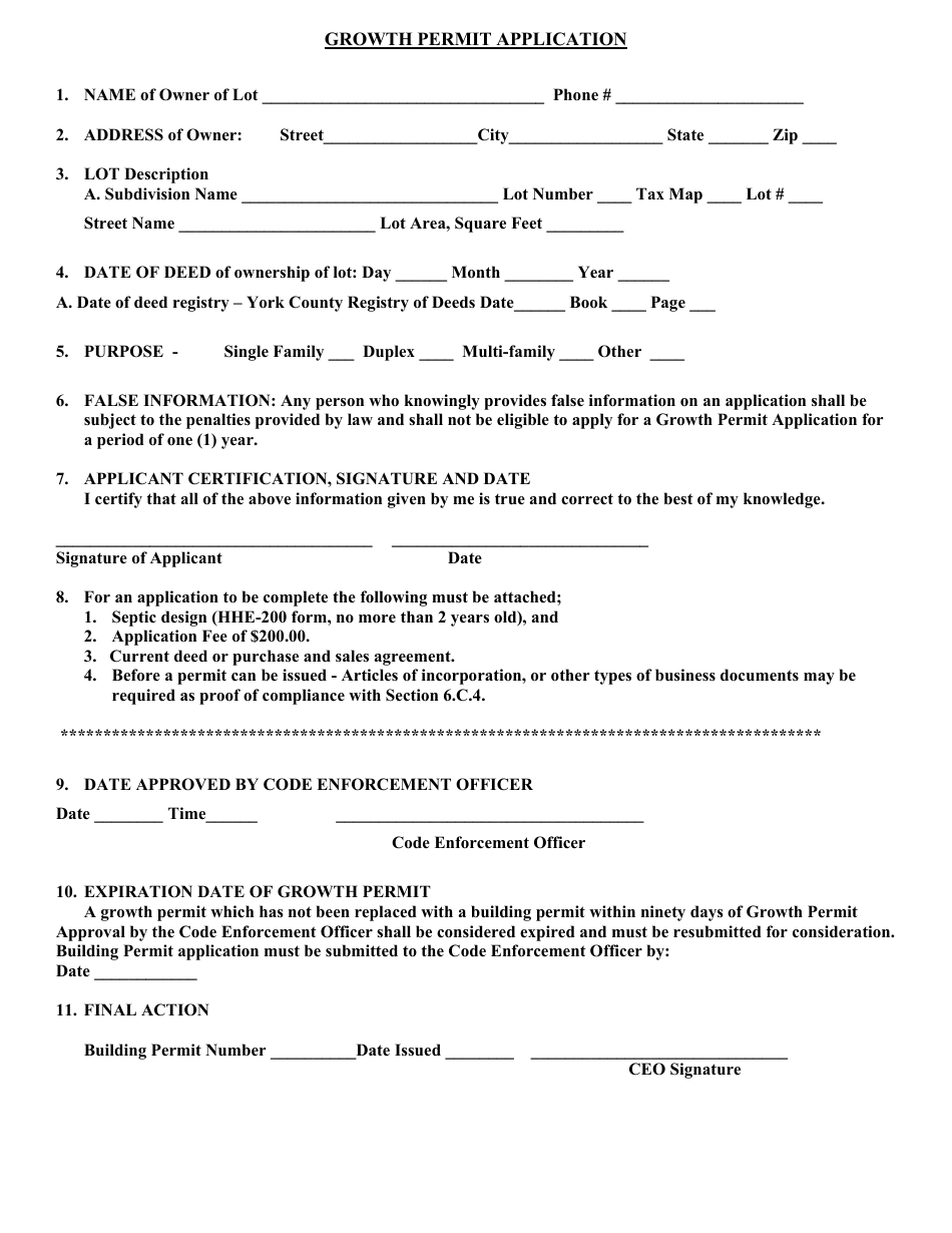 Growth Permit Application Form - Town of Waterboro, Maine, Page 1