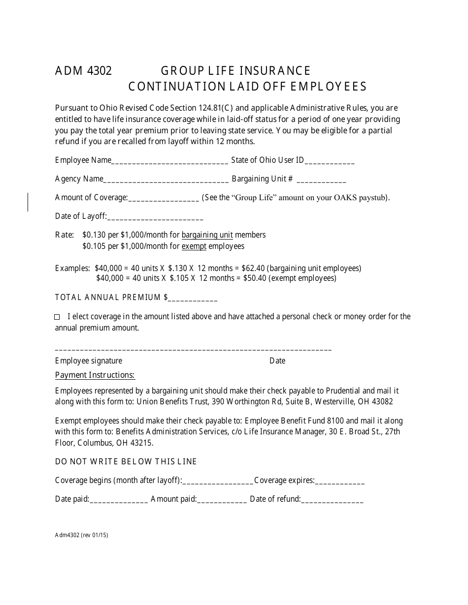 Form ADM4302 Group Life Insurance Continuation Laid off Employees - Ohio, Page 1