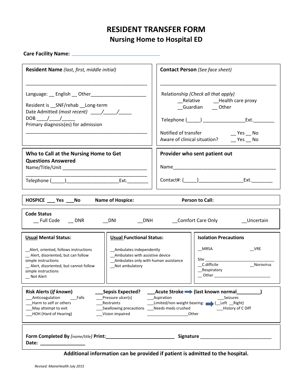 Resident Transfer Form - Nursing Home to Hospital Ed, Page 1