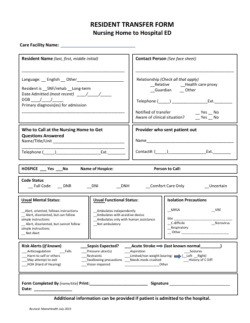 &quot;Resident Transfer Form - Nursing Home to Hospital Ed&quot; Download Pdf