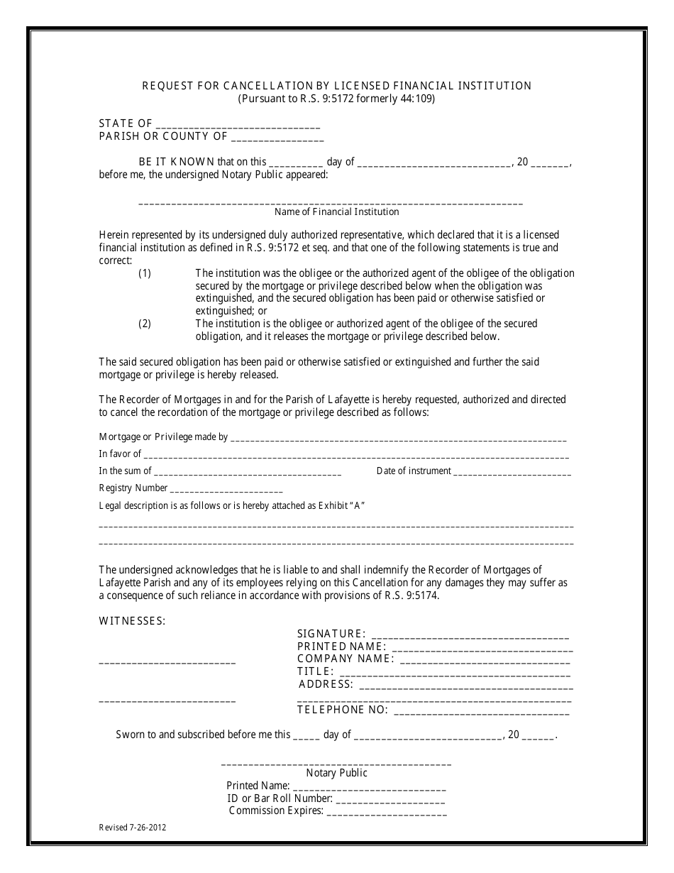Request for Cancellation by Licensed Financial Institution - Lafayette Parish, Louisiana, Page 1