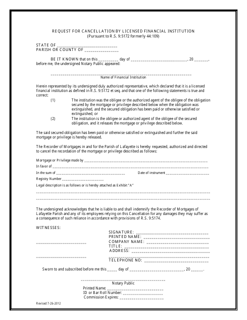 Request for Cancellation by Licensed Financial Institution - Lafayette Parish, Louisiana Download Pdf