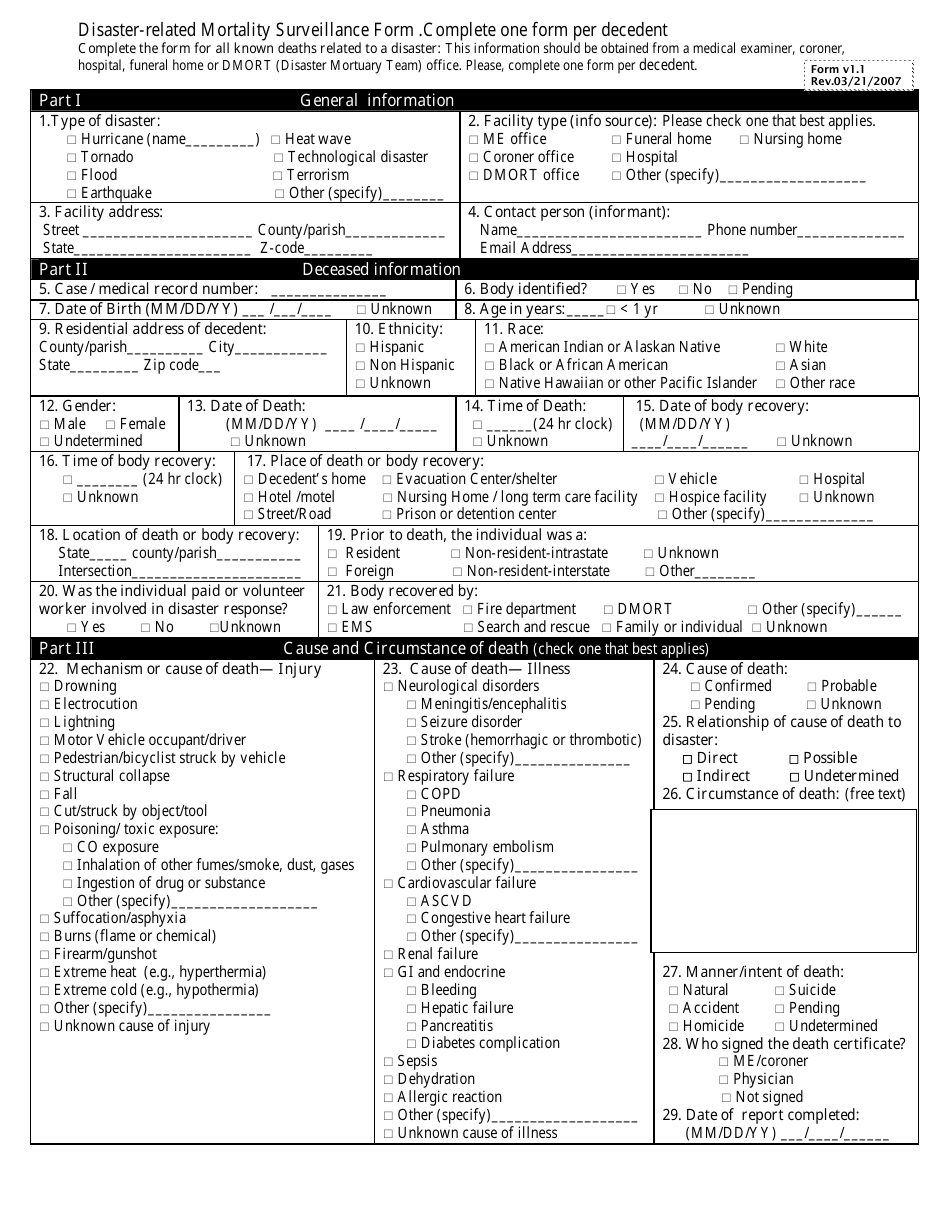 Disaster-Related Mortality Surveillance Form, Page 1