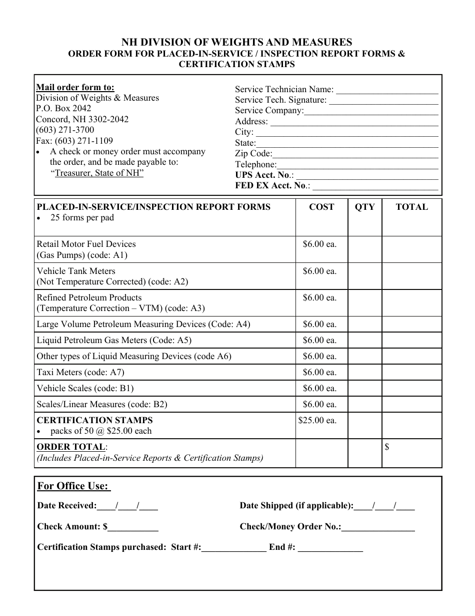 Order Form for Placed-In-Service / Inspection Report Forms  Certification Stamps - New Hampshire, Page 1