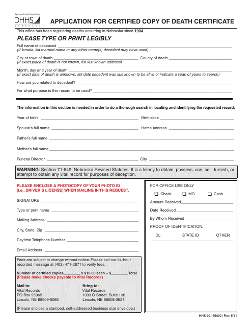 Form HHS-92 (55092) Application for Certified Copy of Death Certificate - Nebraska