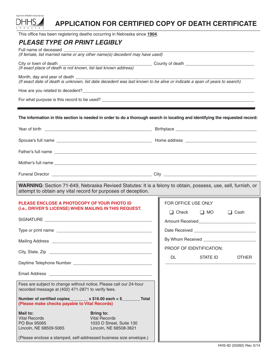 Form HHS-92 (55092) Application for Certified Copy of Death Certificate - Nebraska, Page 1