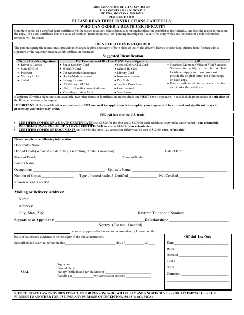 Death Certificate Application Form - Montana
