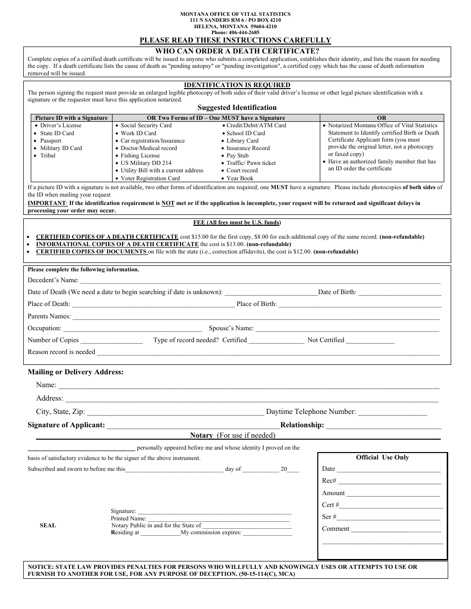 Death Certificate Application Form - Montana, Page 1