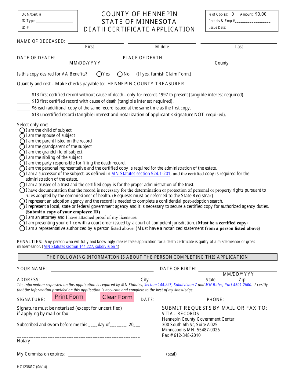Form HC1238GC Death Certificate Application - County of Hennepin, Minnesota, Page 1