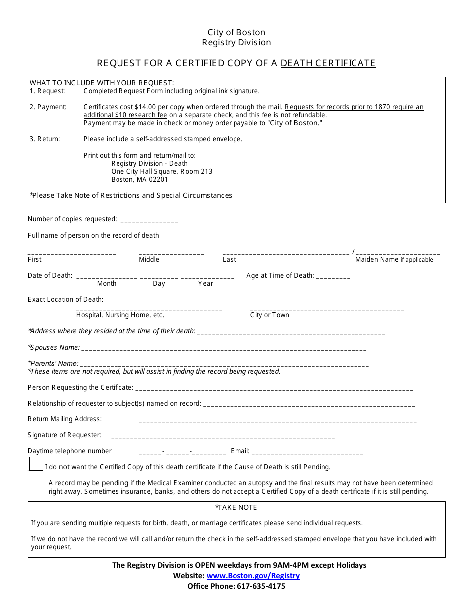 Request for a Certified Copy of a Death Certificate - City of Boston, Massachusetts, Page 1