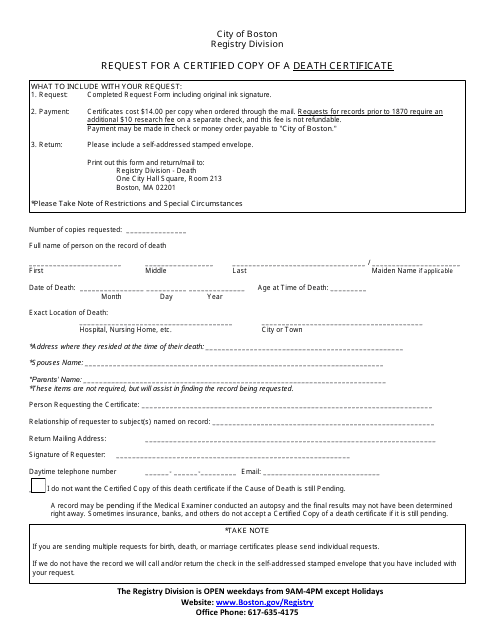 Request for a Certified Copy of a Death Certificate - City of Boston, Massachusetts Download Pdf