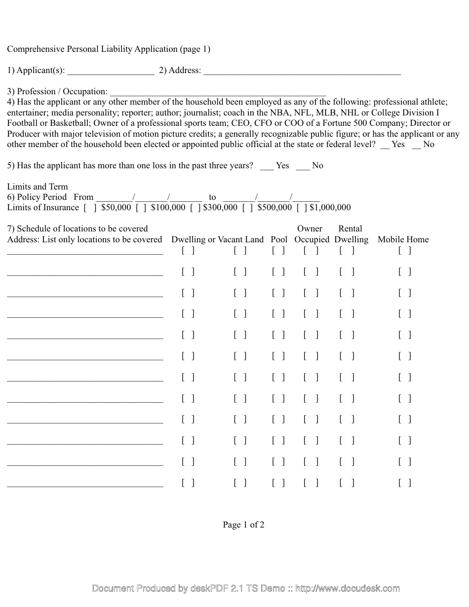 Comprehensive Personal Liability Application Form, Page 1