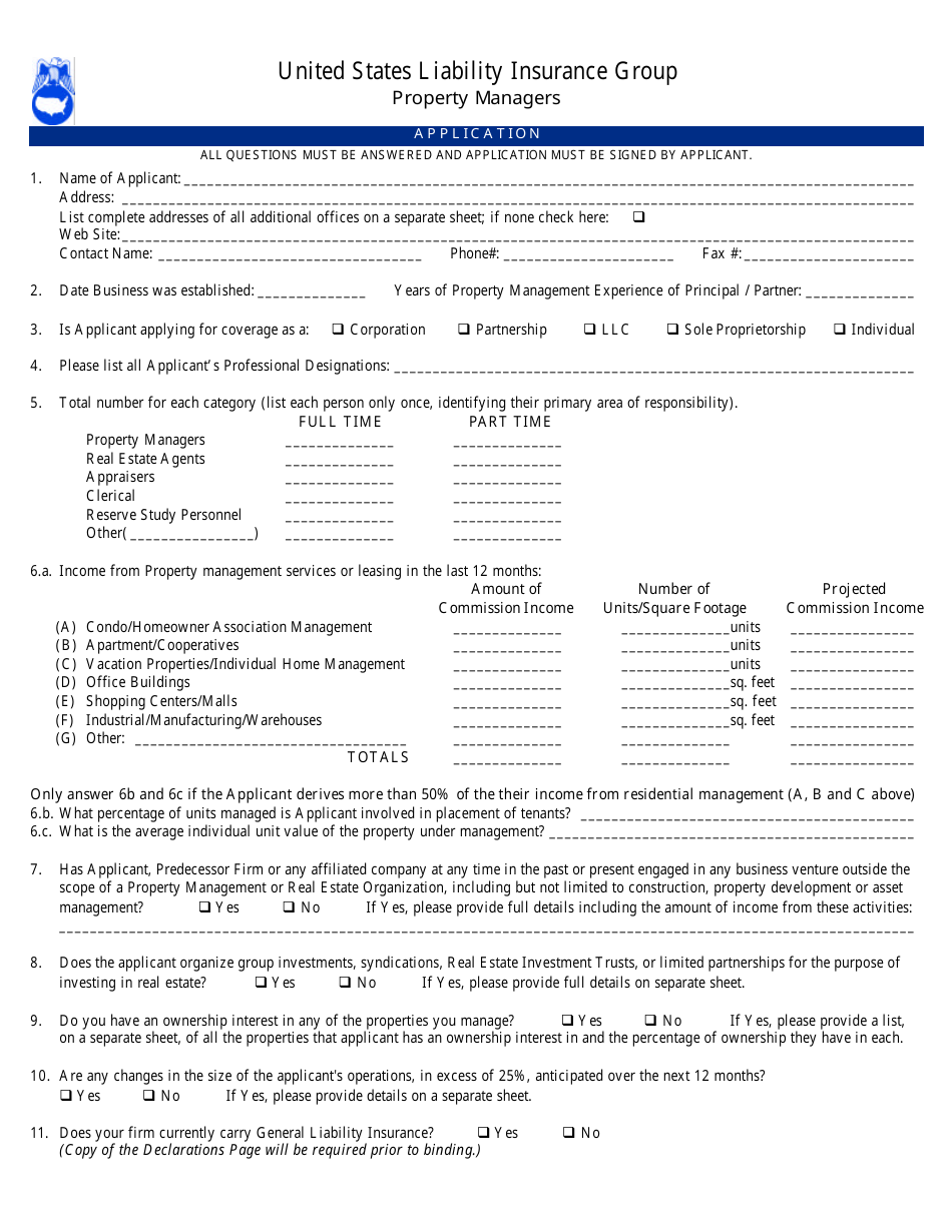 Property Managers Application Form - United States Liability Insurance Group, Page 1