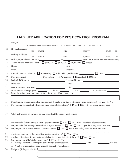 Liability Application Form for Pest Control Program Download Pdf