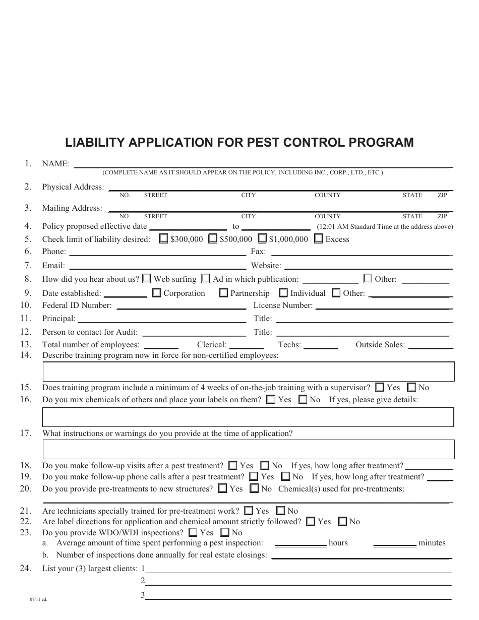 Liability Application Form for Pest Control Program, Page 1