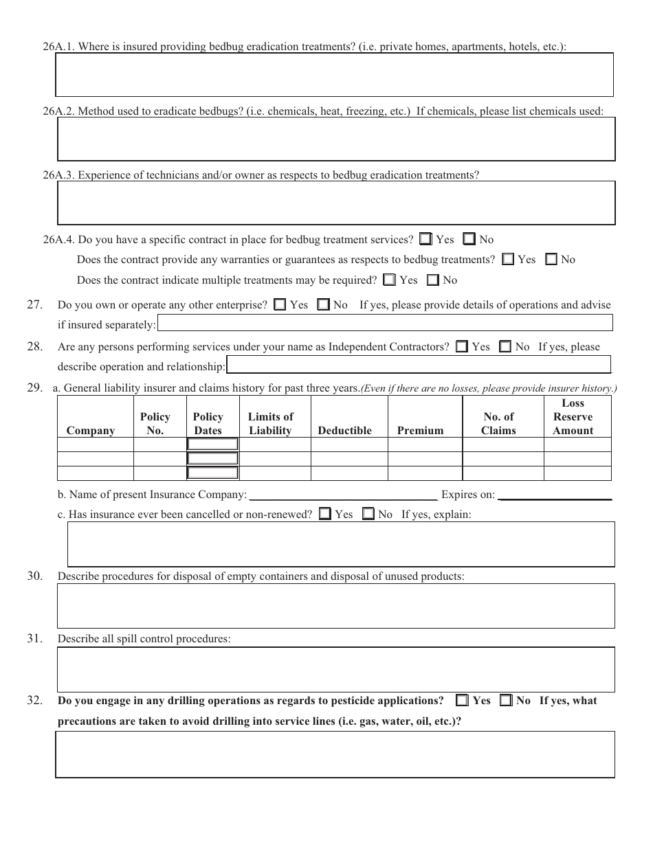 Liability Application Form for Pest Control Program, Page 3