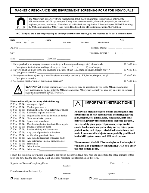 Magnetic Resonance (Mr) Environment Screening Form for Individuals