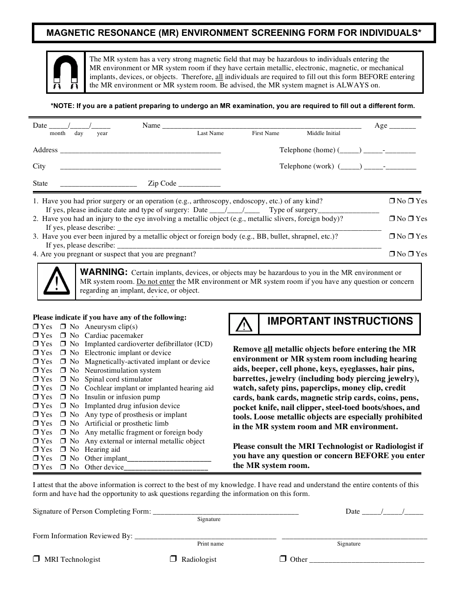 Magnetic Resonance (Mr) Environment Screening Form for Individuals, Page 1