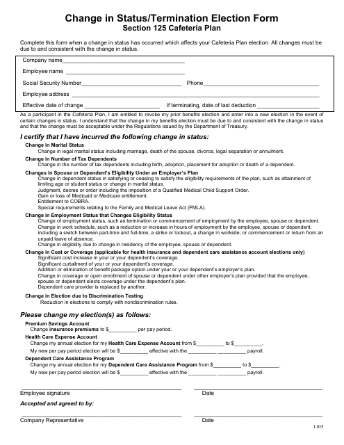 Change in Status/Termination Election Form - Section 125 Cafeteria Plan