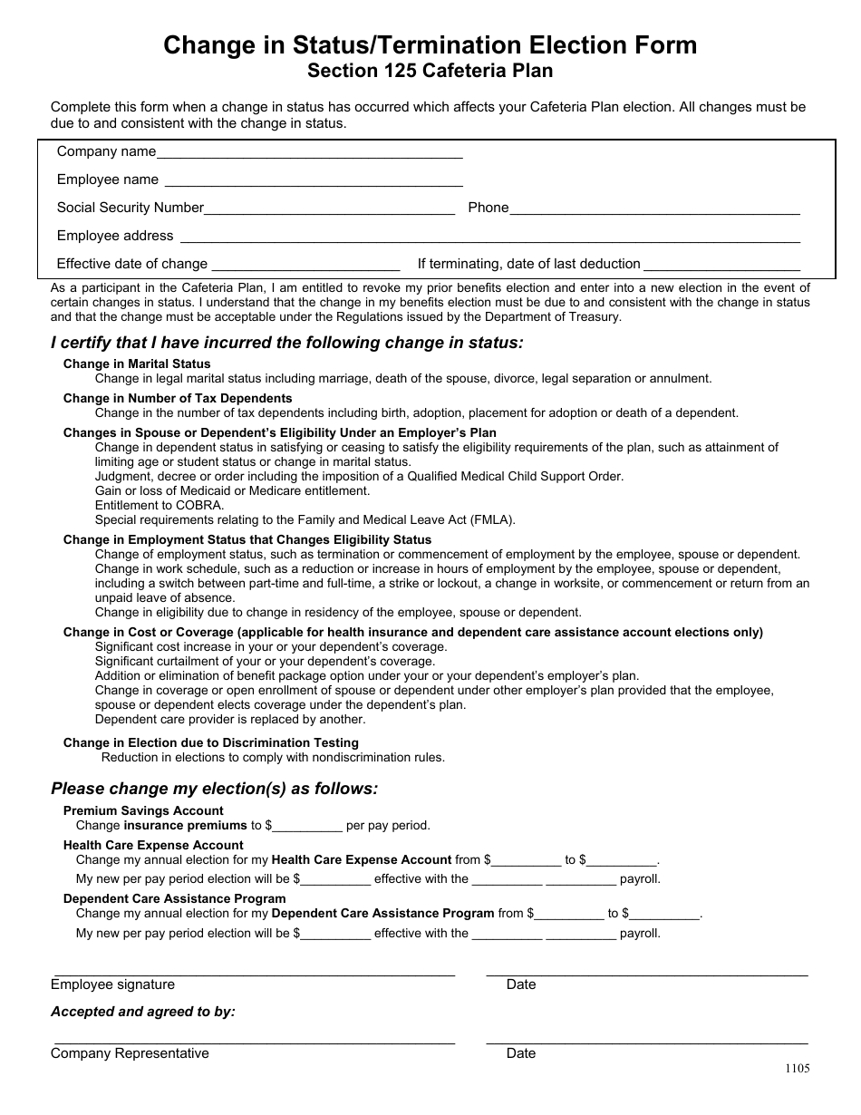 Change in Status/Termination Election Form Section 125 Cafeteria Plan