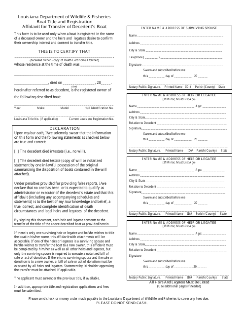 Affidavit for Transfer of Decedent&#039;s Boat - Louisiana Department of Wildlife &amp; Fisheries - Louisiana