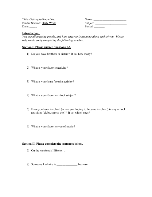 New Student Questionnaire Template