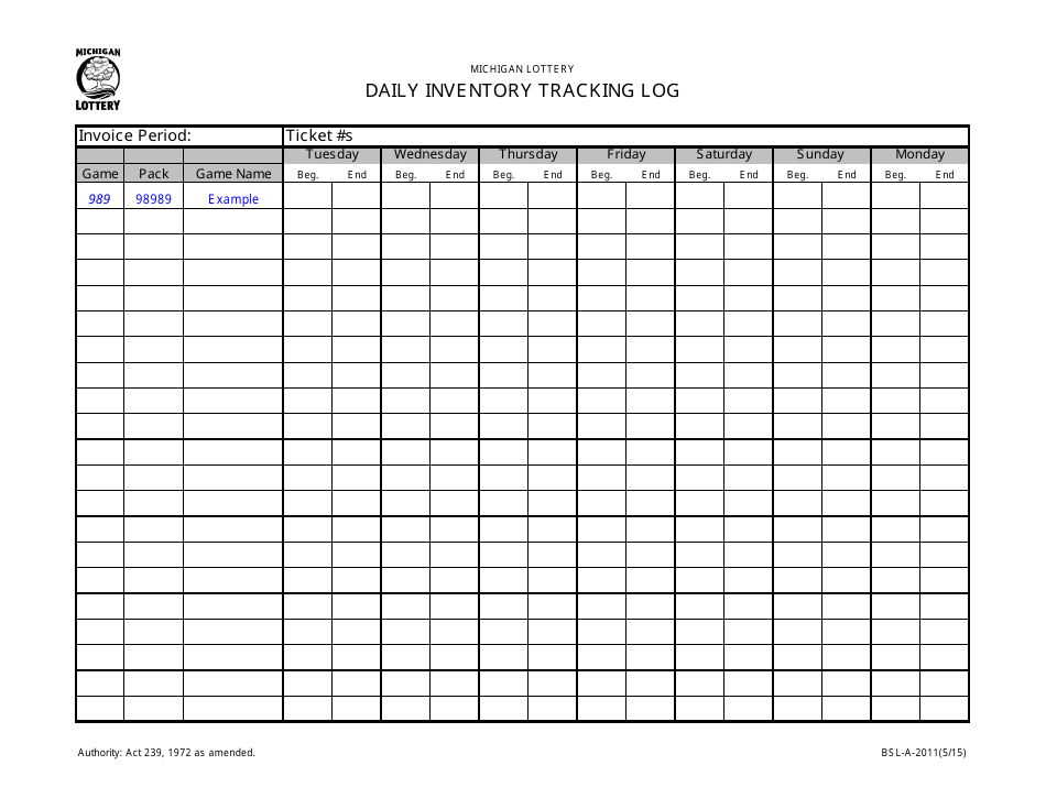 Form BSL-A-2011 Daily Inventory Tracking Log - Michigan, Page 1