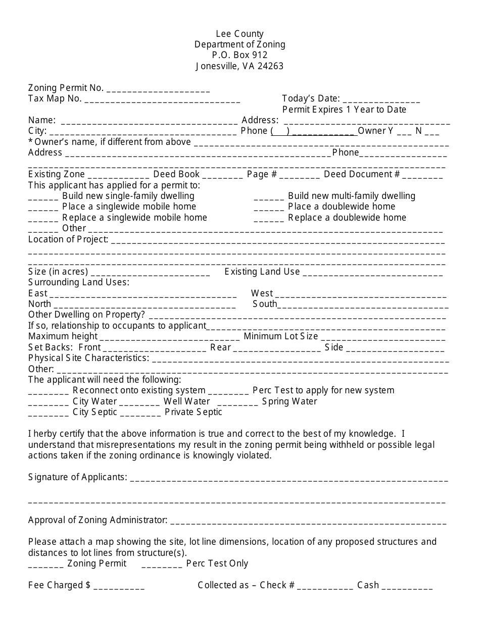 Zoning Permit Form - Lee County, Virginia, Page 1