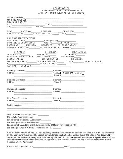Application to Build, Alter, or Remove - Lee County, Virginia Download Pdf