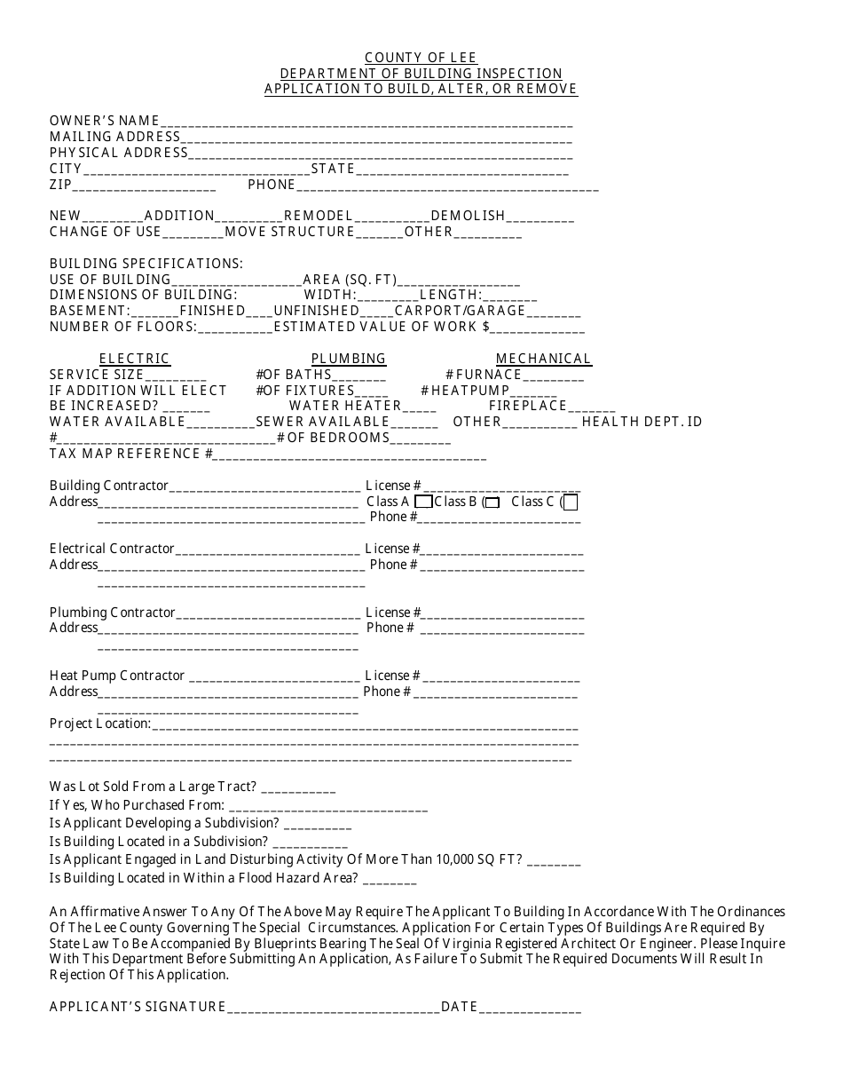 Application to Build, Alter, or Remove - Lee County, Virginia, Page 1