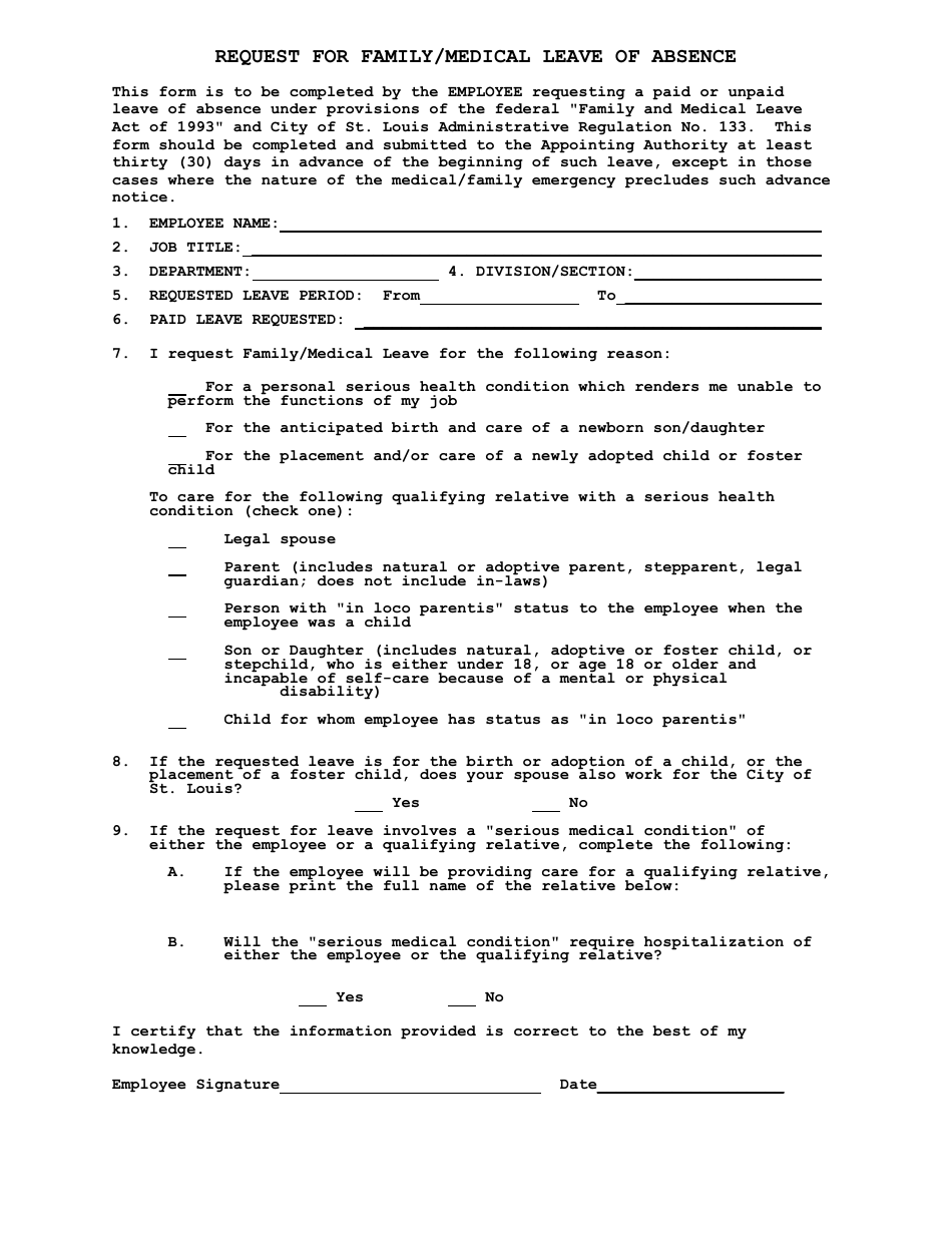 Request for Family / Medical Leave of Absence - City of St. Louis, Missouri, Page 1