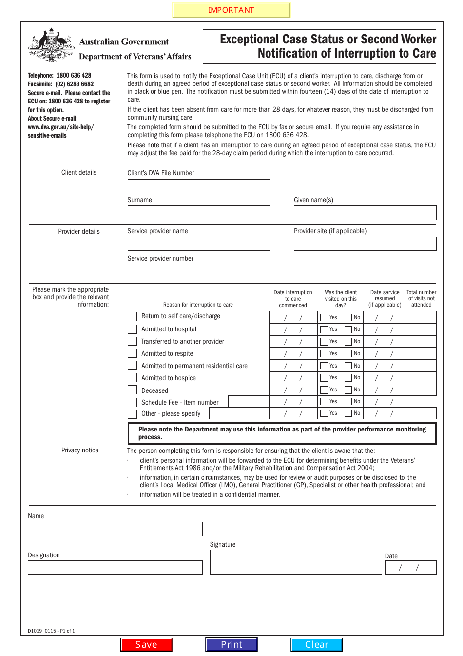 Form D1019 Exceptional Case Status or Second Worker Notification of Interruption to Care - Australia, Page 1