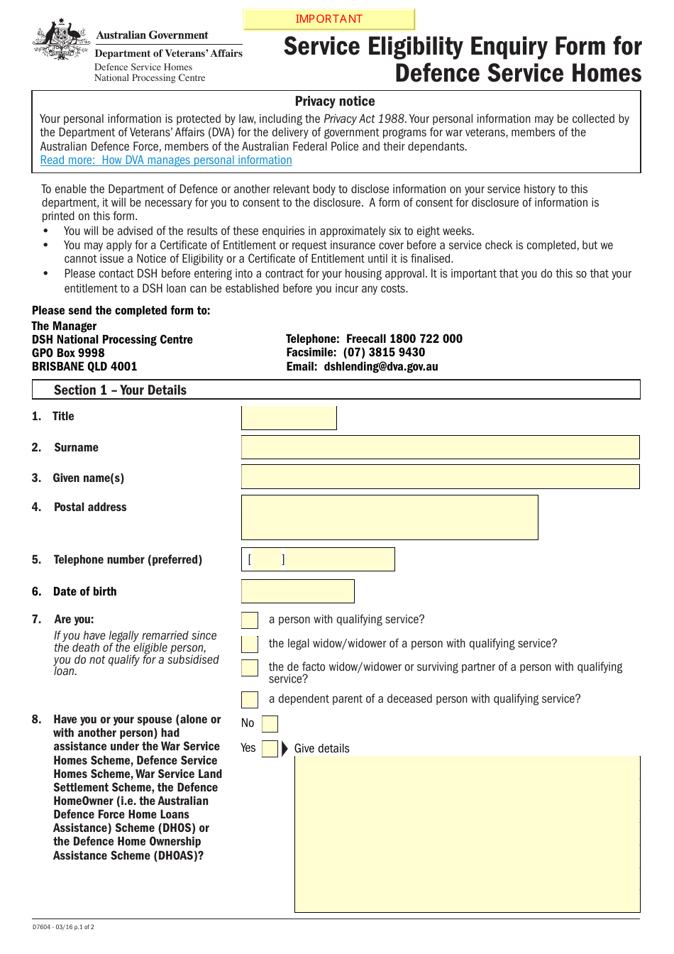 Form D7604 Service Eligibility Enquiry Form for Defence Service Homes - Australia, Page 1