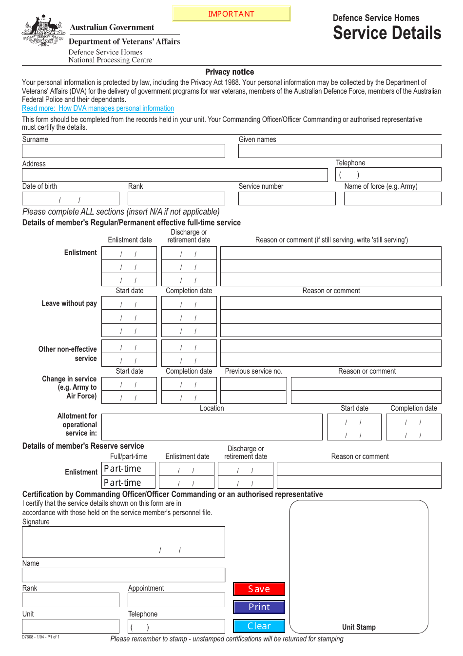 Form D7608 Defence Service Homes Service Details - Australia, Page 1