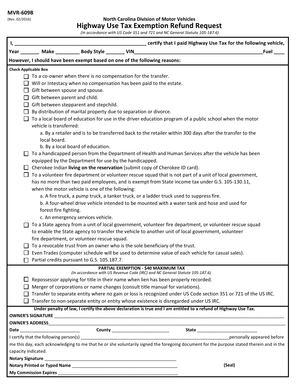 Form MVR-609B Highway Use Tax Exemption Refund Request - North Carolina, Page 1