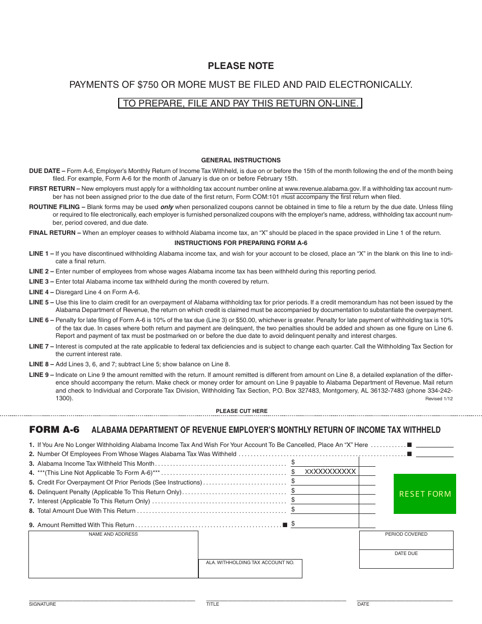 Form A-6 Employers Monthly Return of Income Tax Withheld - Alabama, Page 1