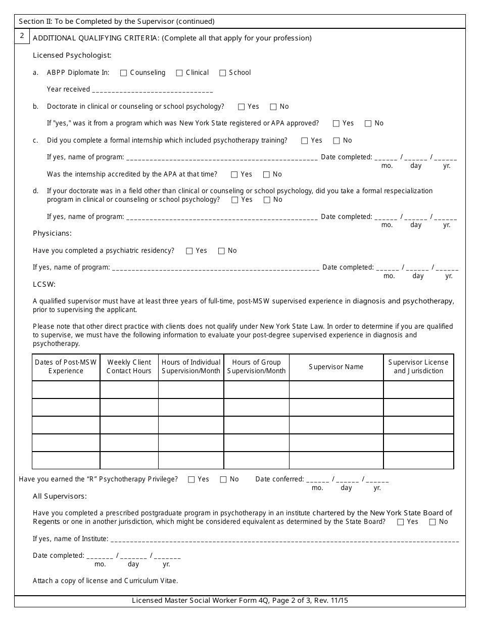 Form 4Q Approval of Qualifications to Supervise Psychotherapy - New York, Page 2