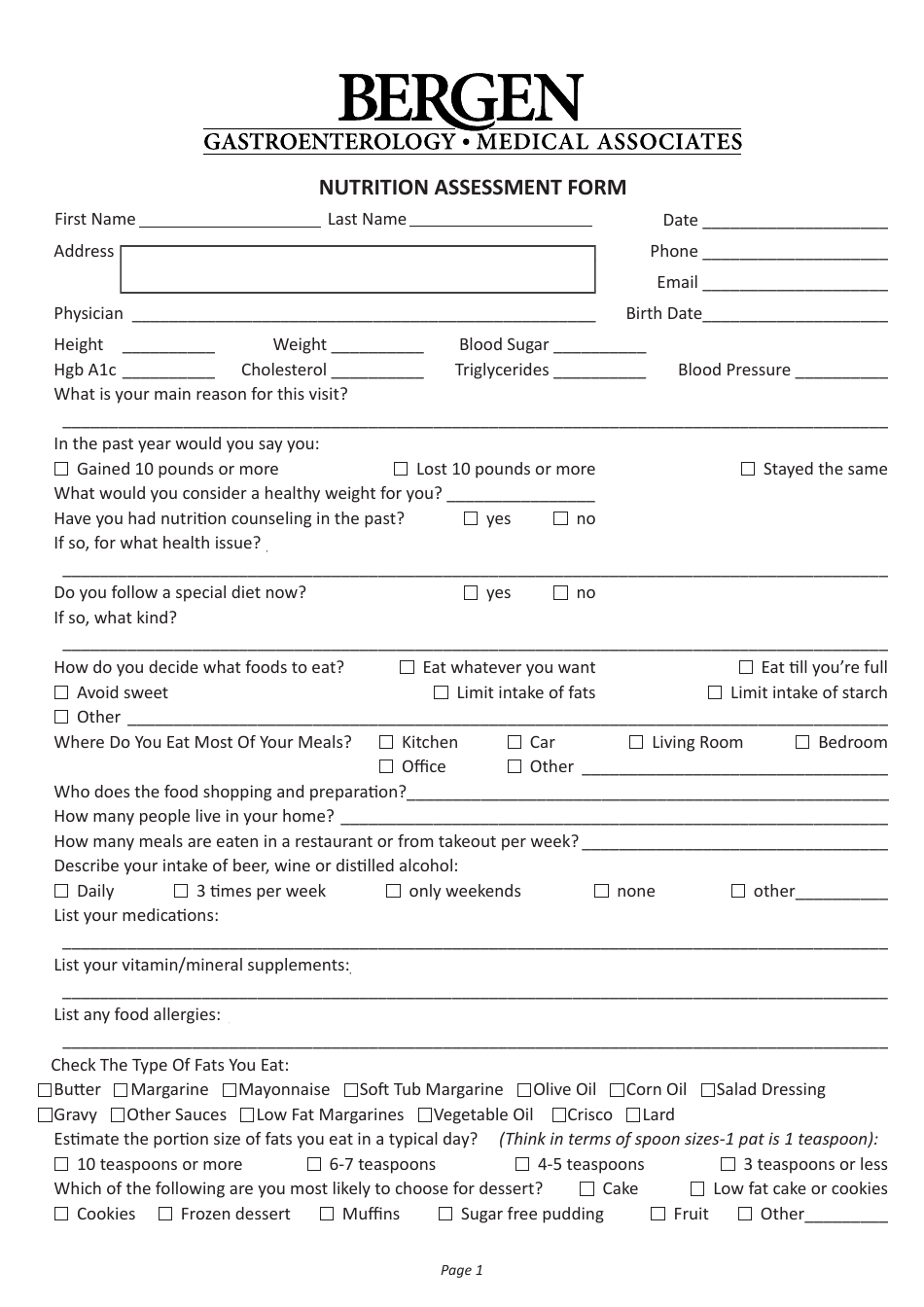 Nutrition Assessment Form - Bergen, Page 1