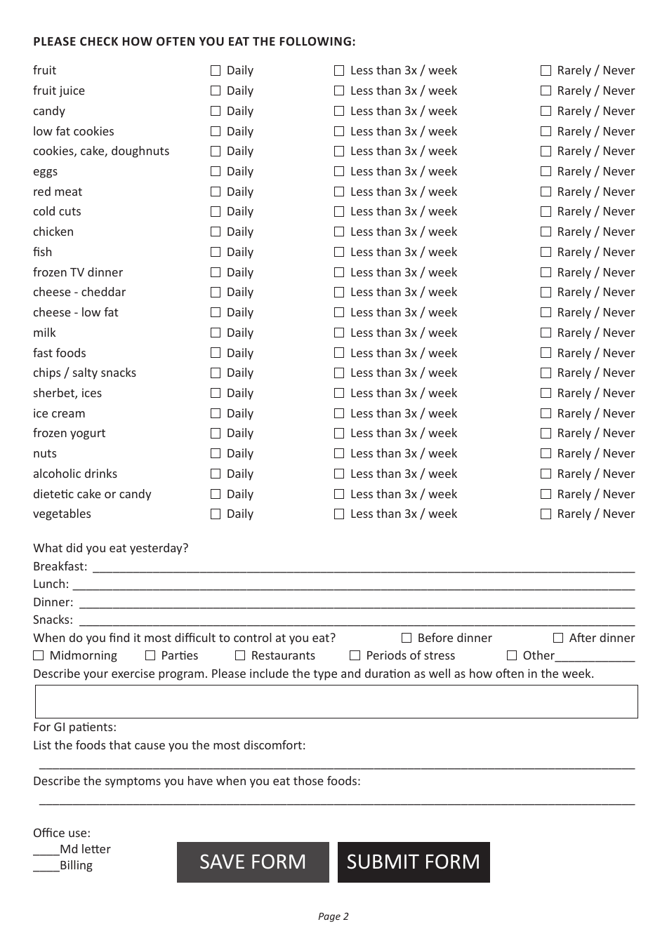 Nutrition Assessment Form - Bergen, Page 2