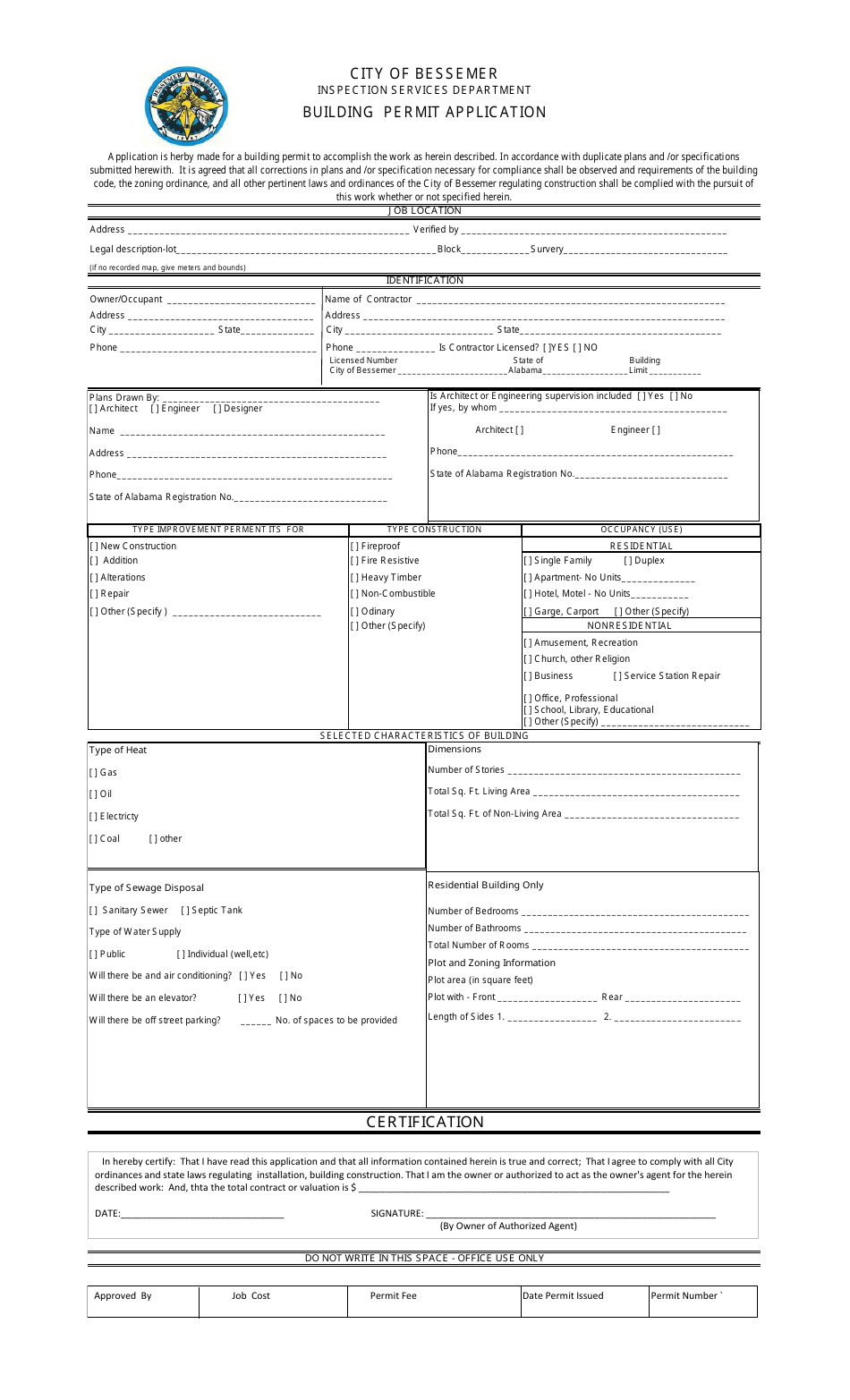 Building Permit Application Form - City of Bessemer, Alabama, Page 1