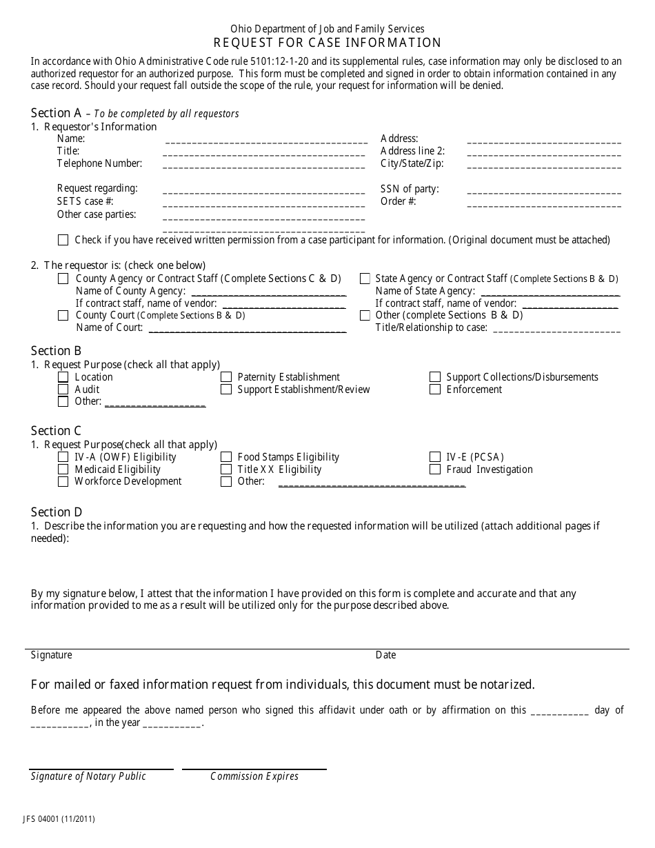 Form JFS04001 Request for Case Information - Ohio, Page 1