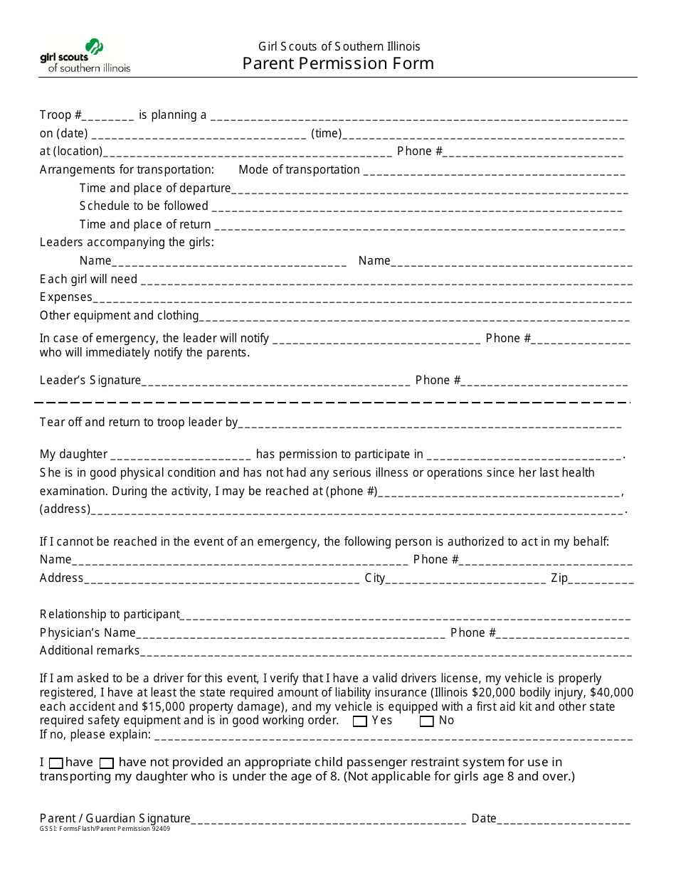 Parent Permission Form - Girl Scouts of Southern Illinois - Illinois, Page 1