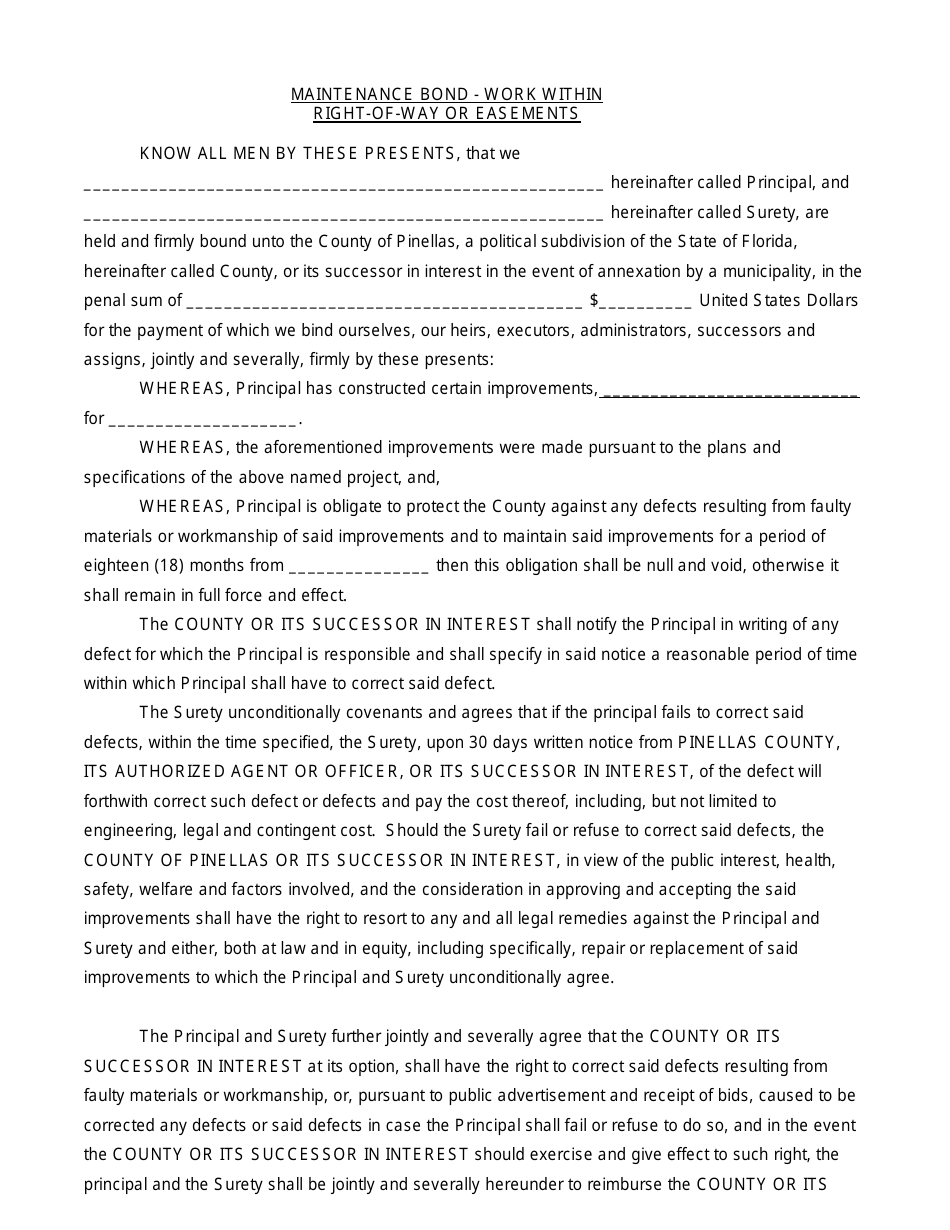 Maintenance Bond Form - Work Within Right-Of-Way or Easements - County of Pinellas, Florida, Page 1