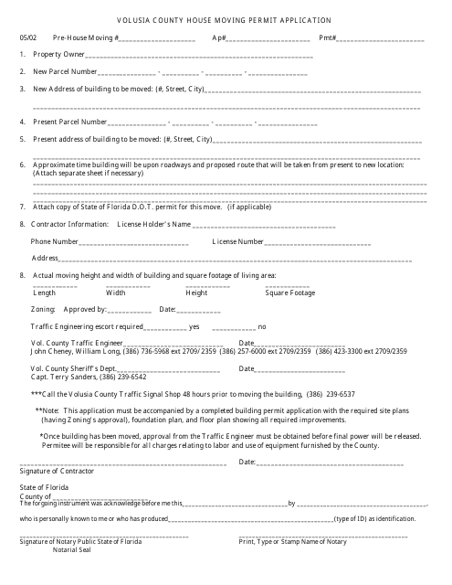 House Moving Permit Application Form - Volusia County, Florida Download Pdf