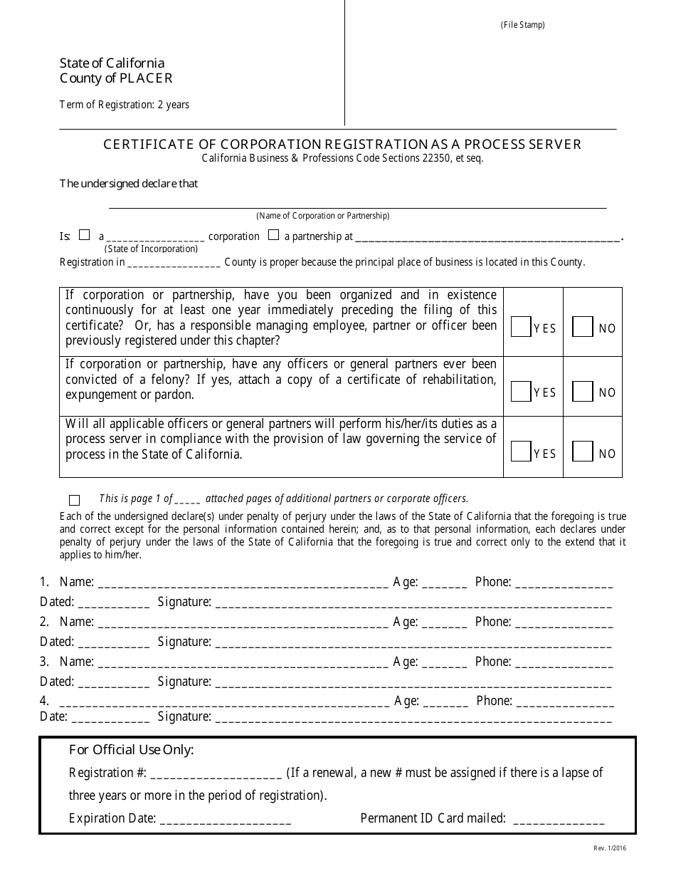 Certificate of Corporation Registration as a Process Server - County of Placer, California, Page 1