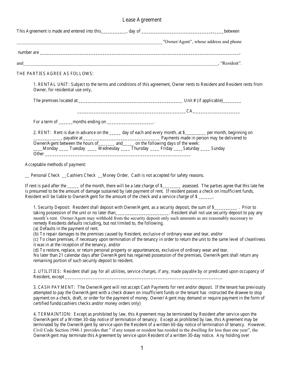 Printable California Residential Lease Agreement Fillable