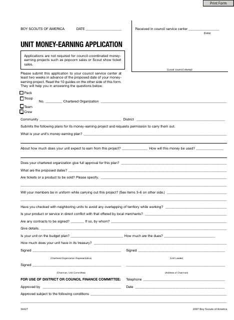 Form 34427 Unit Money-Earning Application - Boy Scouts of America